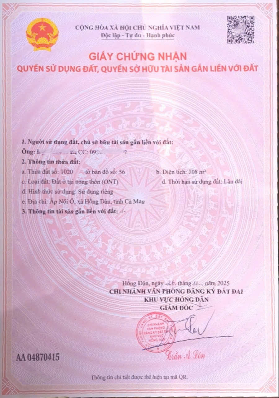 BÁN ĐẤT XÃ HỒNG DÂN TỈNH CÀ MAU